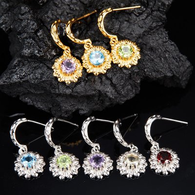 S925 Sterling Silver Stud Earrings Inlaid With Natural Topaz Garnet and Peridot Gemstones